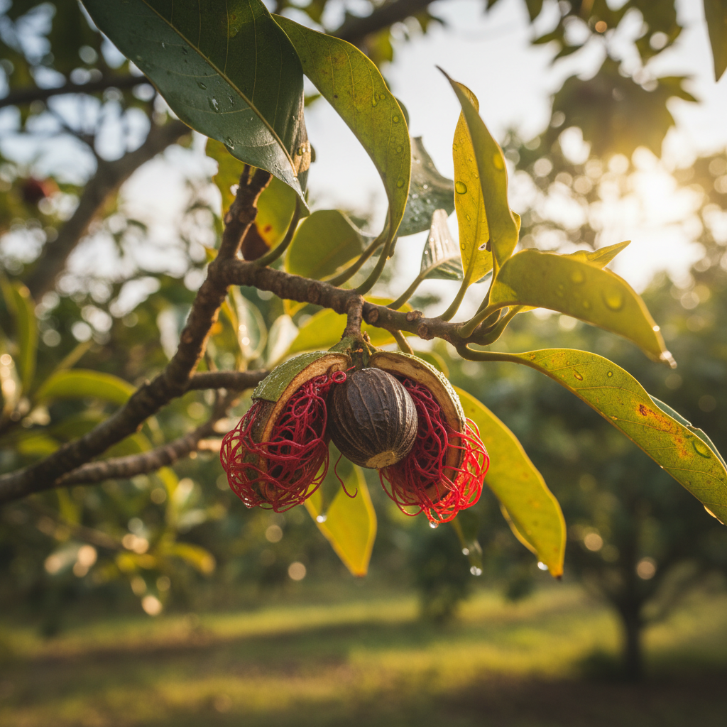 Nutmeg fruit on tree branch with mace aril