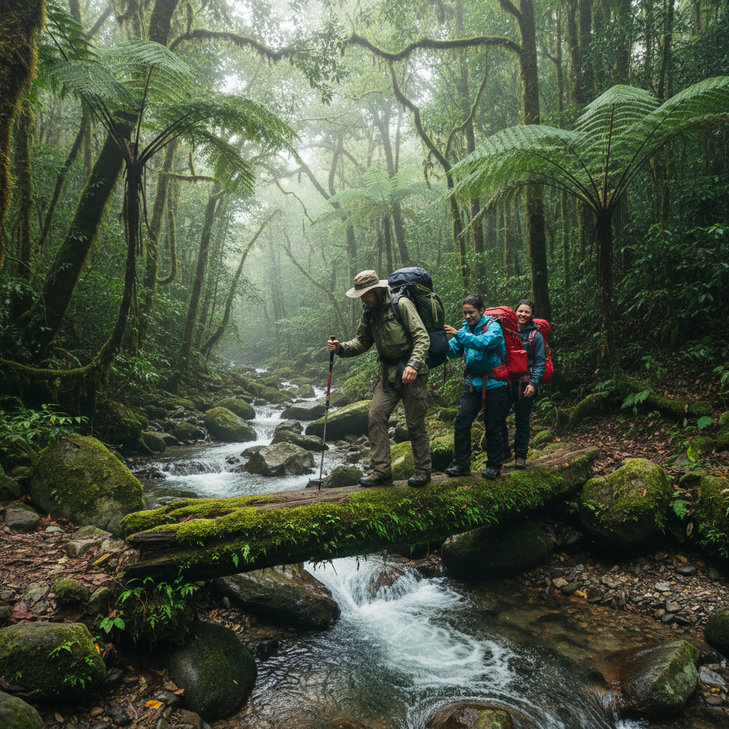 Trekkers crossing log bridge in Halmahera highland forest