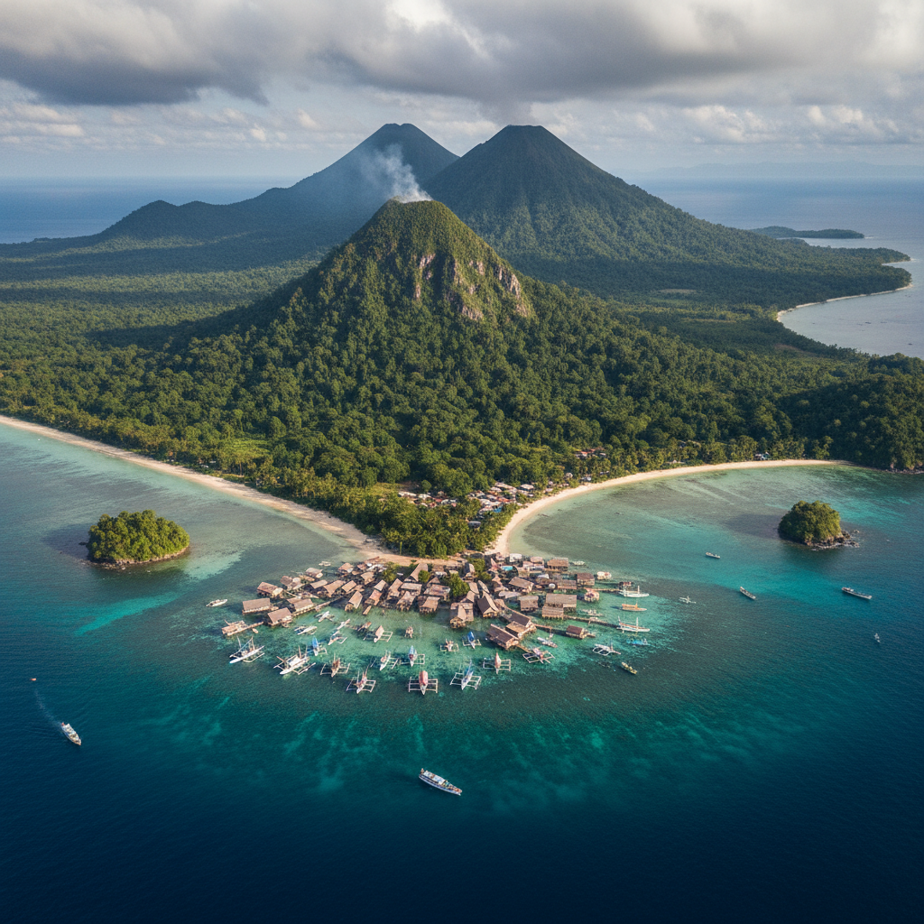 Aerial Halmahera volcanic mountains coast